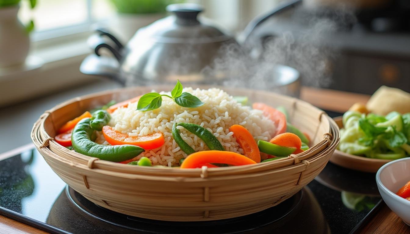 découvrez comment utiliser un panier cuisson pour cuire simultanément du riz et des légumes grâce à la technique d'étagement, une méthode pratique et saine pour gagner du temps en cuisine.