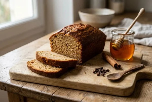 Tranche de cake maison sur planche en bois, miel et &eacute;pices &agrave; c&ocirc;t&eacute;, pr&ecirc;t pour &ecirc;tre d&eacute;gust&eacute; avec Thermomix et &eacute;pices Thermomix.