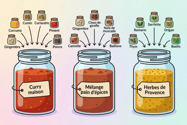 Trois bocaux illustrant des m&eacute;langes d&rsquo;&eacute;pices pour Thermomix: curry maison, m&eacute;lange pain d&rsquo;&eacute;pices et herbes de Provence, avec les ingr&eacute;dients &eacute;tiquet&eacute;s qui les composent. &Eacute;pices Thermomix.